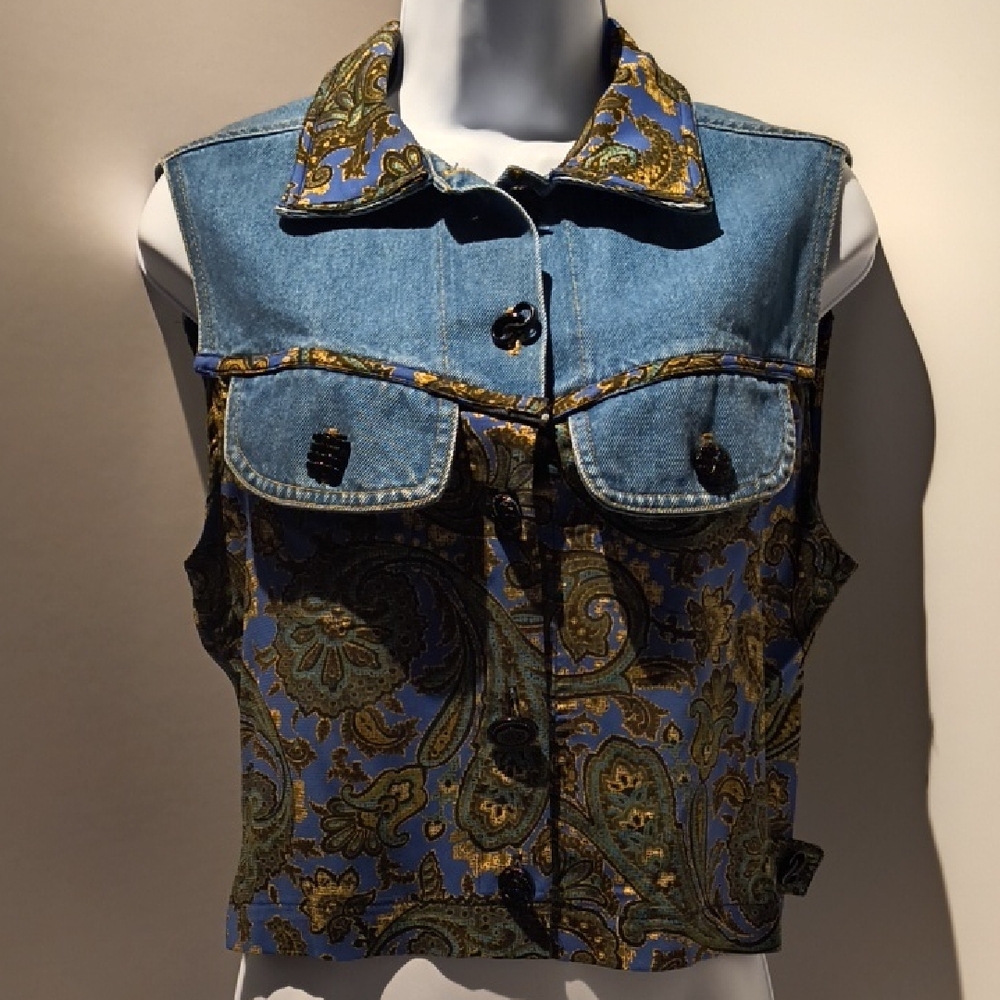 Eve&Me Retro Vintage Denim/Rayon Women Paisley Vest/Top Button-Up Large